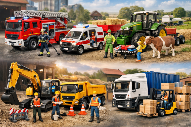 Zabawki Bruder przedstawiające zawody: strażak, ratownik medyczny, rolnik, budowniczy i logistyk